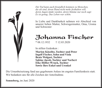 Traueranzeige von Johanna Fischer von Südthüringer Presse