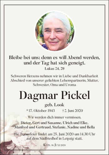 Traueranzeige von Dagmar Pickel von Neue Presse Coburg