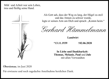 Traueranzeige von Gerhard Hämmelmann von Neue Presse Coburg
