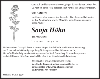 Traueranzeige von Sonja Höhn von Südthüringer Presse