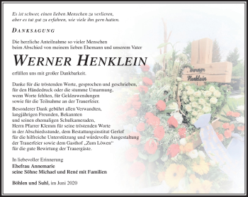 Traueranzeige von Werner Henklein von Südthüringer Presse