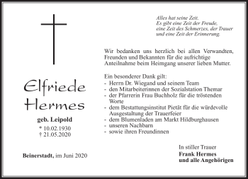 Traueranzeige von Elfriede Hermes von Südthüringer Presse