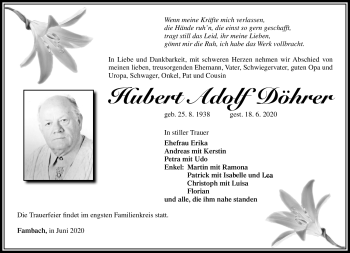 Traueranzeige von Hubert Döhrer von Südthüringer Presse