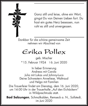 Traueranzeige von Erika Pollex von Südthüringer Presse