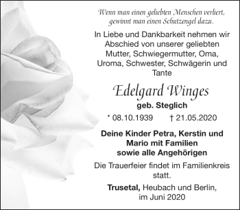 Traueranzeige von Edelgard Winges von Südthüringer Presse
