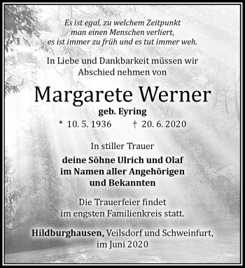 Traueranzeige von Margarete Werner von Südthüringer Presse