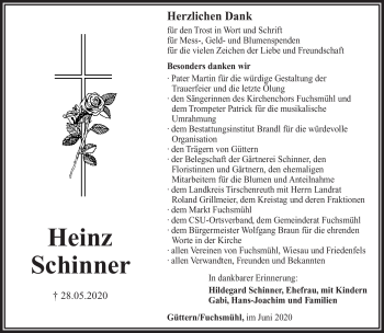 Traueranzeige von Heinz Schinner von Frankenpost