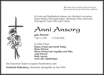 Traueranzeige von Anni Ansorg von Südthüringer Presse