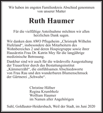 Traueranzeige von Ruth Haumer von Südthüringer Presse