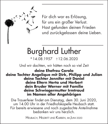 Traueranzeige von Burghard Luther von Südthüringer Presse