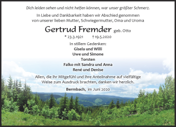 Traueranzeige von Gertrud Fremder von Südthüringer Presse