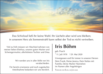 Traueranzeige von Iris Böhm von Südthüringer Presse