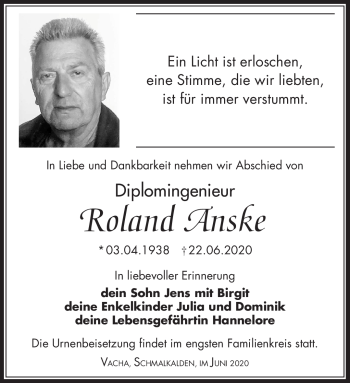 Traueranzeige von Roland Anske von Südthüringer Presse