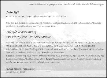 Traueranzeige von Birgit Rosenberg von Südthüringer Presse