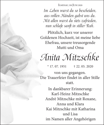 Traueranzeige von Anita Mitzschke von Südthüringer Presse