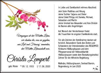 Traueranzeige von Christa Lempert von Südthüringer Presse