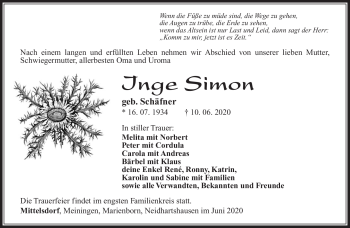 Traueranzeige von Inge Simon von Südthüringer Presse