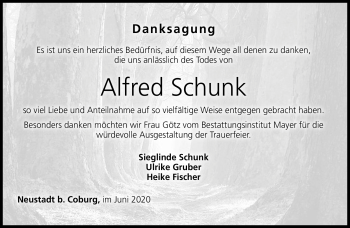 Traueranzeige von Alfred Schunk von Neue Presse Coburg