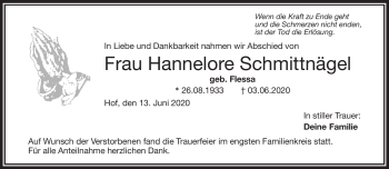 Traueranzeige von Hannelore Schmittnägel von Frankenpost