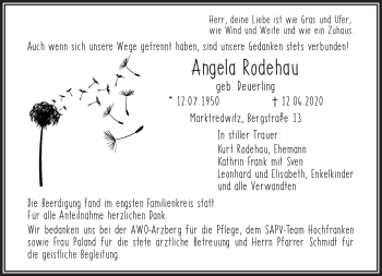 Traueranzeige von Angela Rodehau von Frankenpost