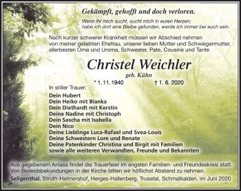Traueranzeige von Christel Weichler von Südthüringer Presse