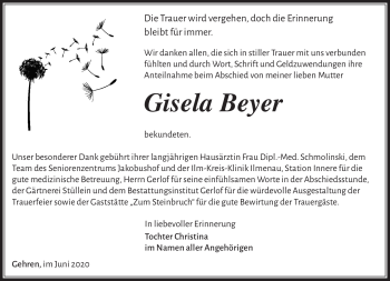 Traueranzeige von Gisela Beyer von Südthüringer Presse