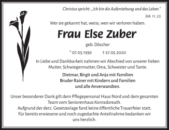 Traueranzeige von Else Zuber von Frankenpost