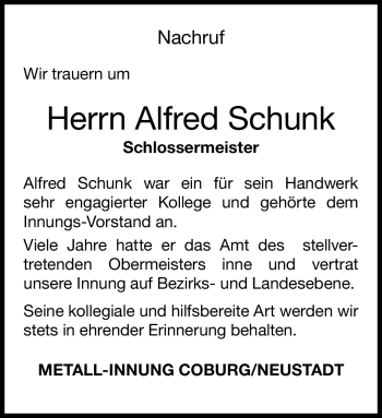 Traueranzeige von Alfred Schunk von Neue Presse Coburg