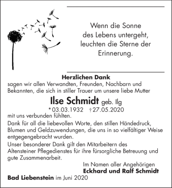 Traueranzeige von Ilse Schmidt von Südthüringer Presse