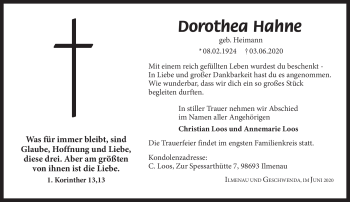 Traueranzeige von Dorothea Hahne von Südthüringer Presse