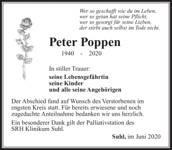 Traueranzeige von Peter Poppen von Südthüringer Presse