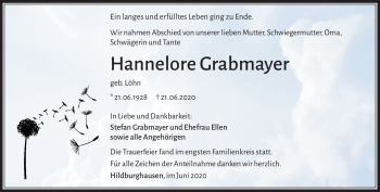 Traueranzeige von Hannelore Grabmayer von Südthüringer Presse