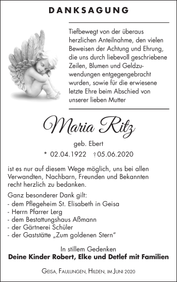 Traueranzeige von Maria Ritz von Südthüringer Presse