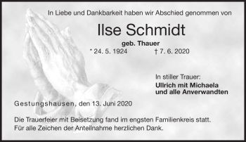 Traueranzeige von Ilse Schmidt von Neue Presse Coburg