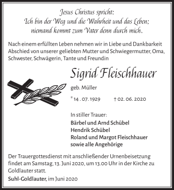Traueranzeige von Sigrid Fleischhauer von Südthüringer Presse