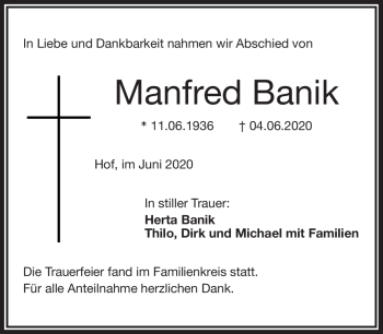Traueranzeige von Manfred Banik von Frankenpost