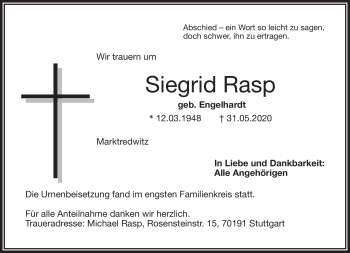 Traueranzeige von Siegrid Rasp von Frankenpost