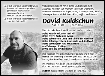 Traueranzeige von David Kuldschun von Südthüringer Presse