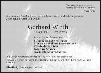 Traueranzeige von Gerhard Wirth von Südthüringer Presse