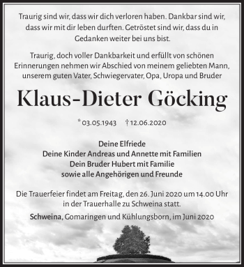 Traueranzeige von Klaus-Dieter Göcking von Südthüringer Presse