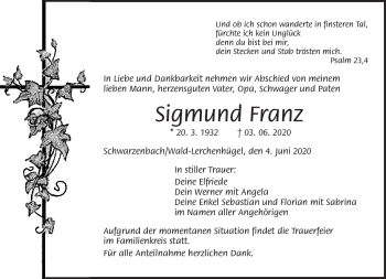 Traueranzeige von Sigmund Franz von Frankenpost