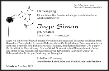 Traueranzeige von Inge Simon von Südthüringer Presse