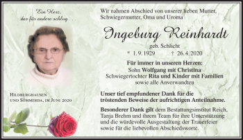 Traueranzeige von Ingeburg Reinhardt von Südthüringer Presse
