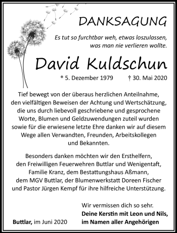 Traueranzeige von David Kuldschun von Südthüringer Presse