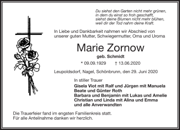 Traueranzeige von Marie Zornow von Frankenpost