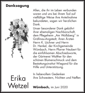 Traueranzeige von Erika Wetzel von Südthüringer Presse