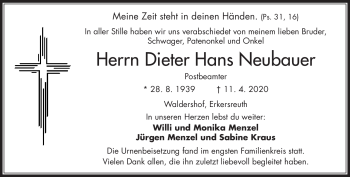 Traueranzeige von Dieter Hans Neubauer von Frankenpost