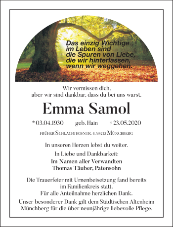 Traueranzeige von Emma Samol von Frankenpost