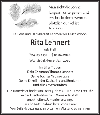 Traueranzeige von Rita Lehnert von Frankenpost