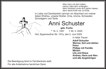 Traueranzeige von Anni Schuster von Frankenpost